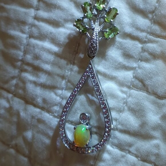 New Sterling Silver Natural Opal 5 Peridot /White Sapphire Crystals 22" Necklace - Picture 3 of 4